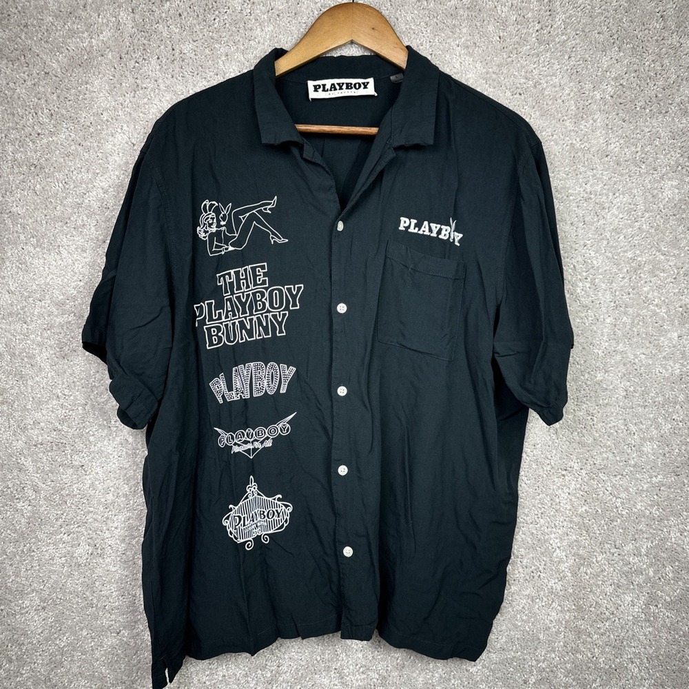Playboy by Pacsun Black White Button Up Short Sleeve Embroidered Shirt Large